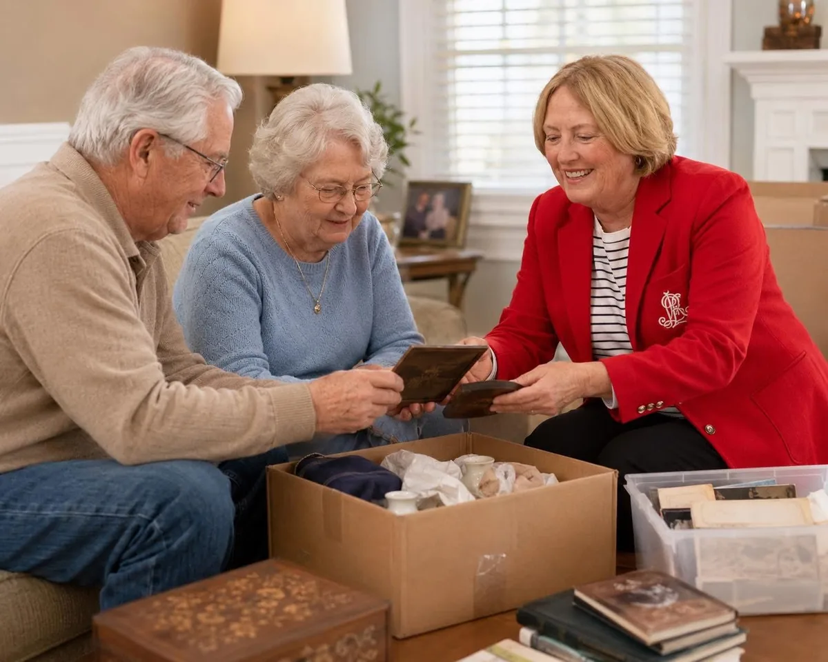Ava Sparrer of Next Chapter Transitions sorting family keepsakes with a senior couple in their living room during a downsizing move